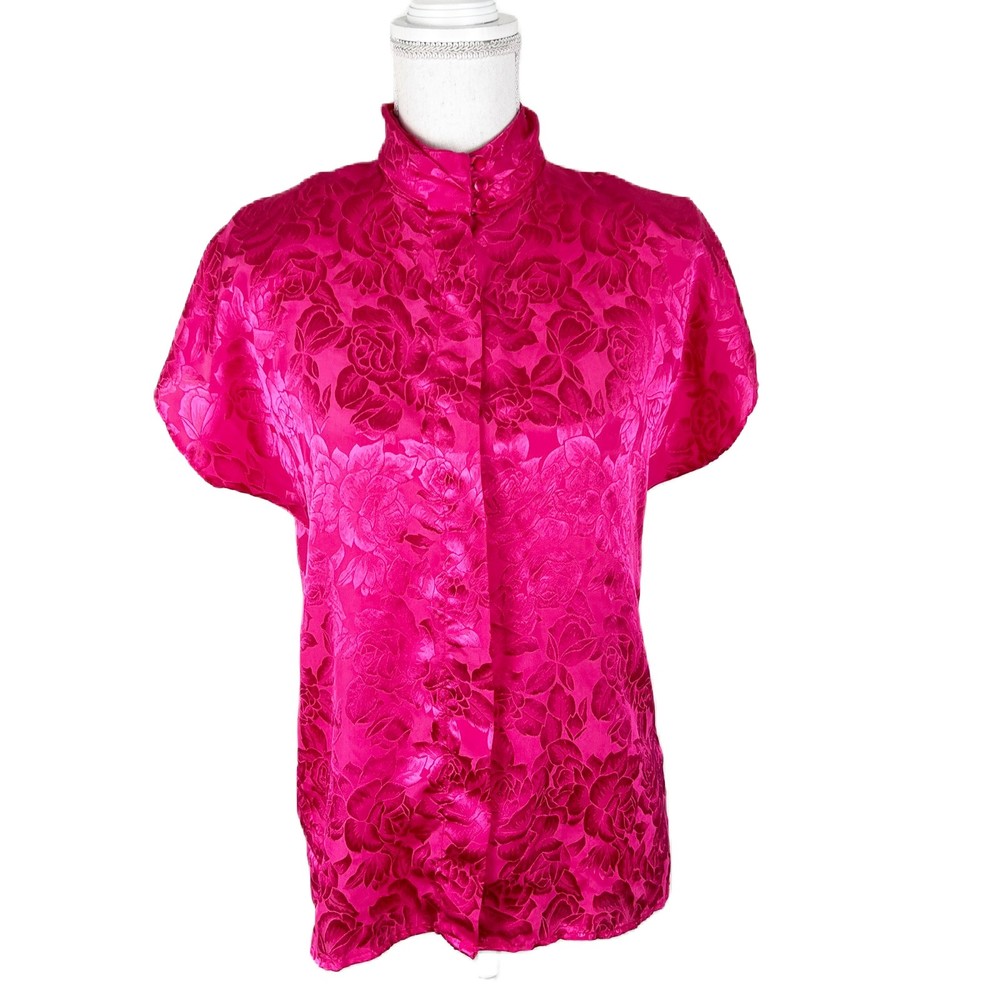 Greenwich Square Button Down Top Women 11/12 Pink Floral Embossed Satin Mandarin